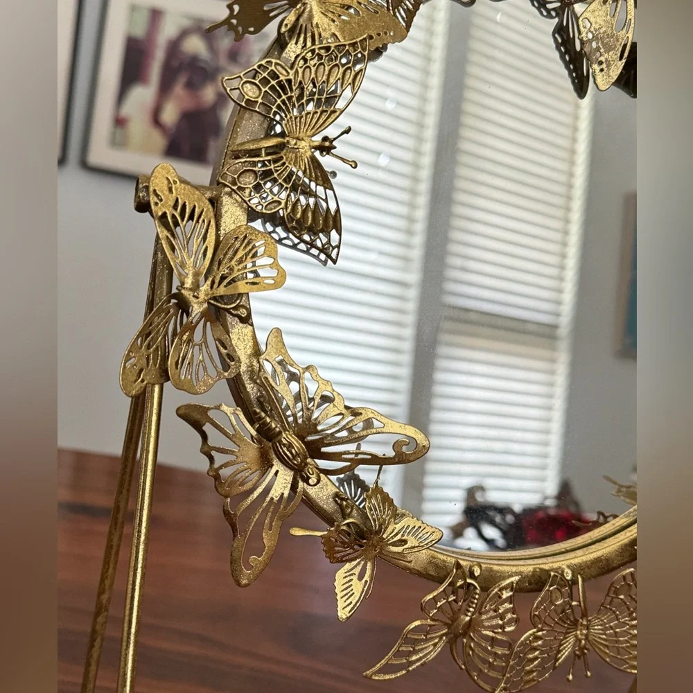 Vintage Gold Metal Round 3D Butterfly Standing Mirror